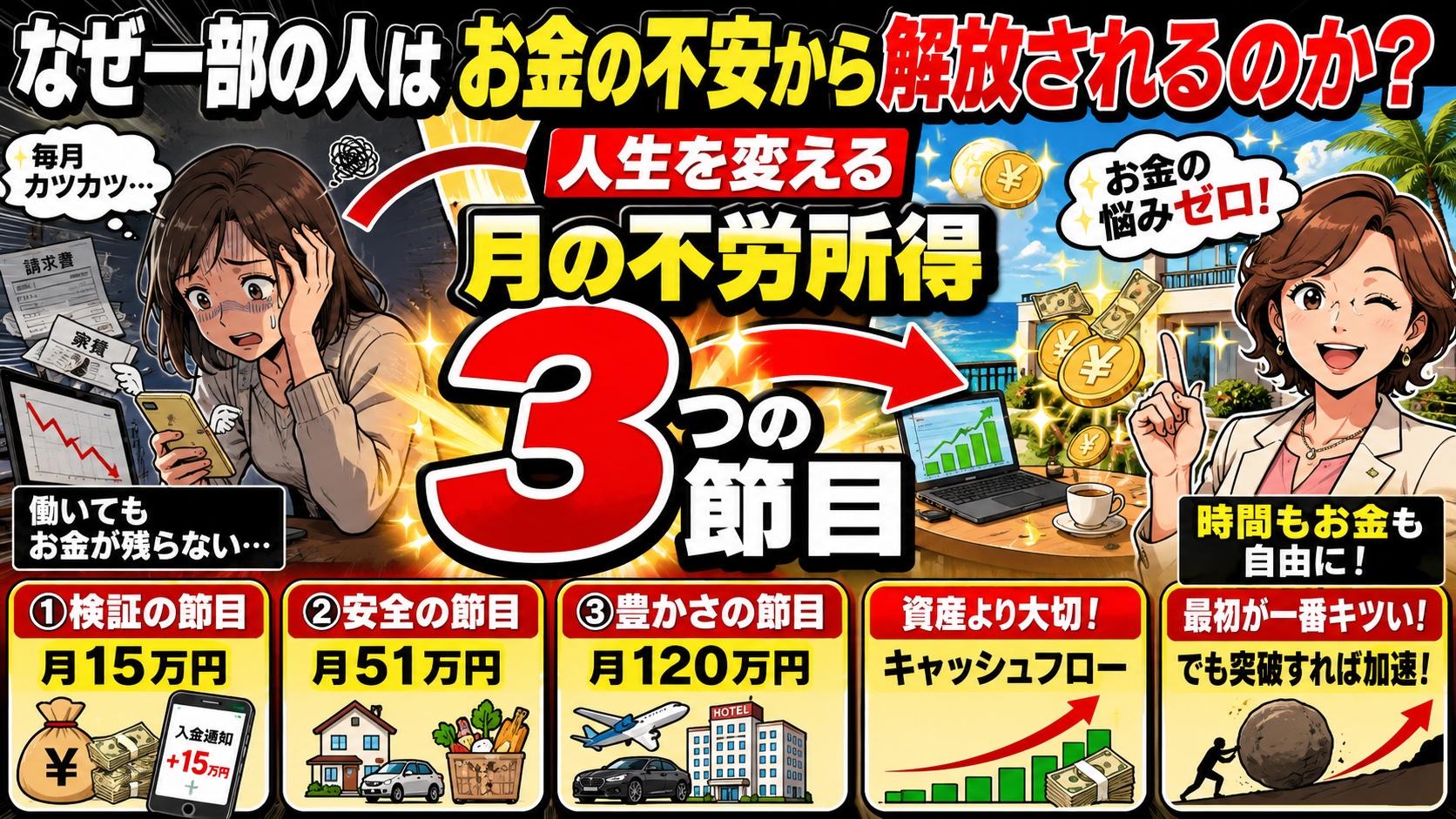 不労所得の月15万円・月51万円・月120万円という3つの節目