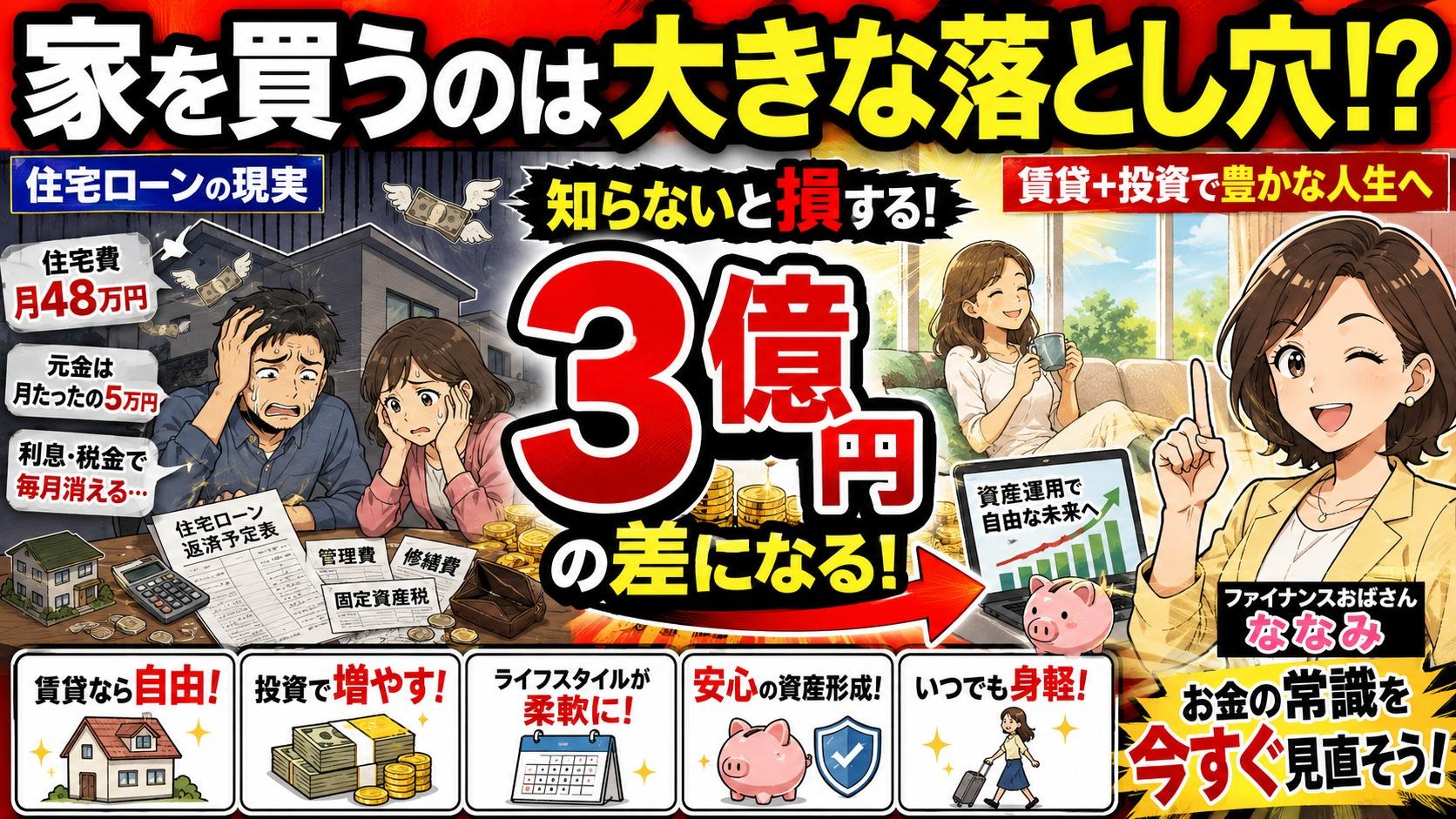 住宅ローンの落とし穴と持ち家・賃貸の費用を比較するイメージ