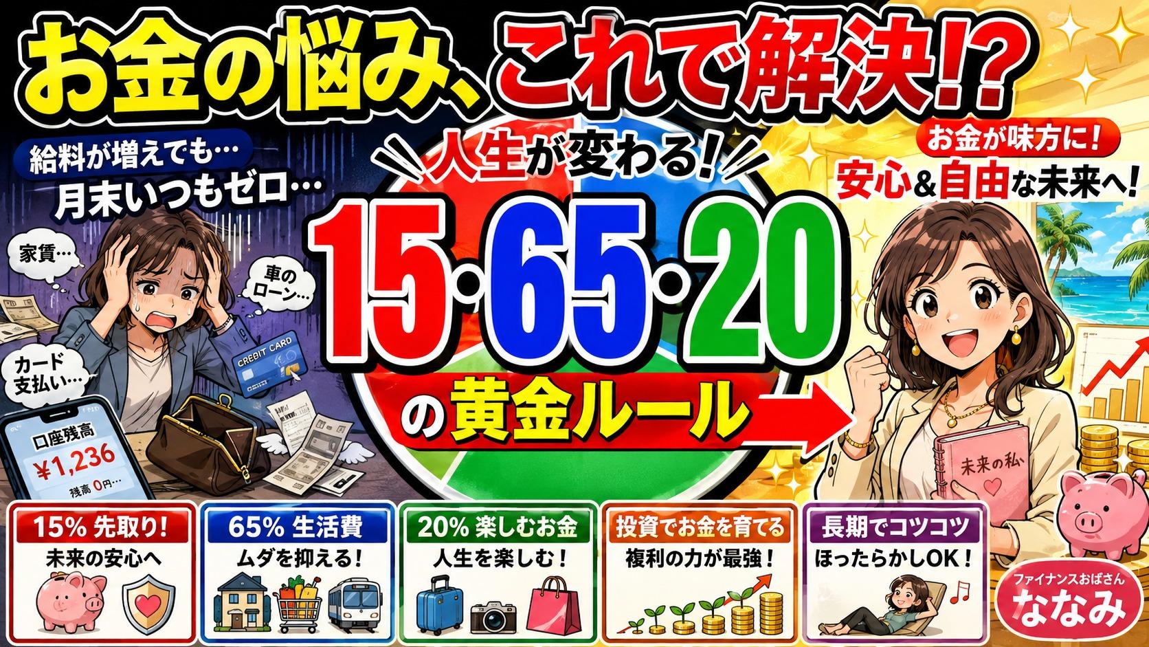 収入を15%・65%・20%の三つに振り分ける家計管理のイメージ