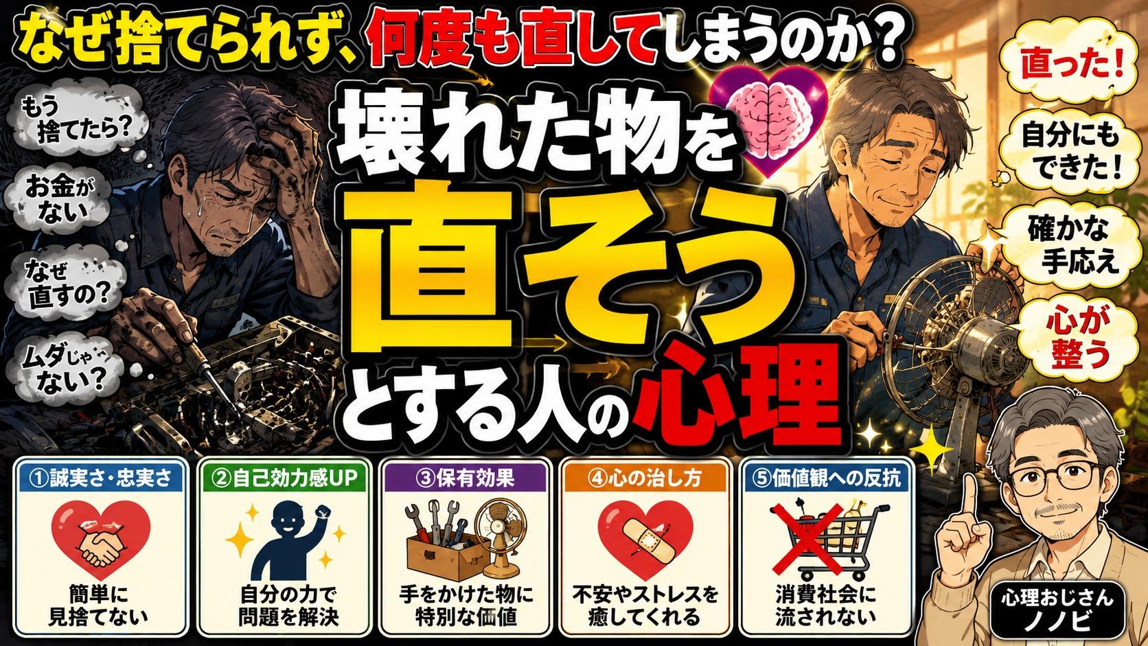 工具を使って古い扇風機を丁寧に修理する人